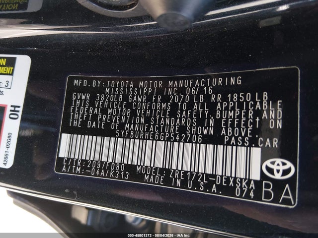 45801372 :رقم المزاد ، 5YFBURHE6GP542706 vin ، 2016 Toyota Corolla S Plus مزاد بيع