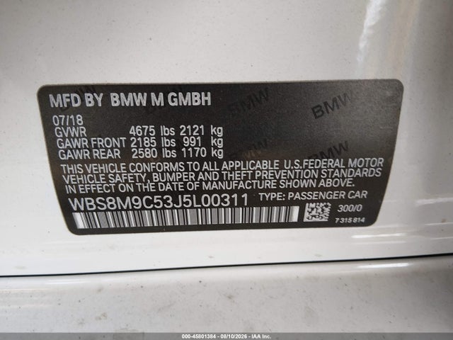 Aukcja sprzedaży 2018 Bmw M3 Cs, vin: WBS8M9C53J5L00311, numer aukcji: 45801384
