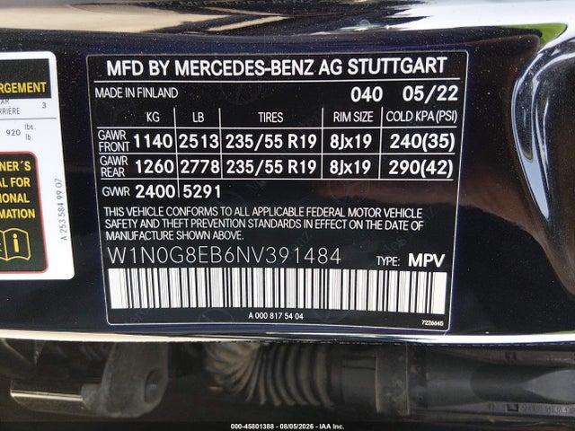 Продаж на аукціоні авто 2022 Mercedes-benz Glc 300 4matic Suv, vin: W1N0G8EB6NV391484, номер лоту: 45801388