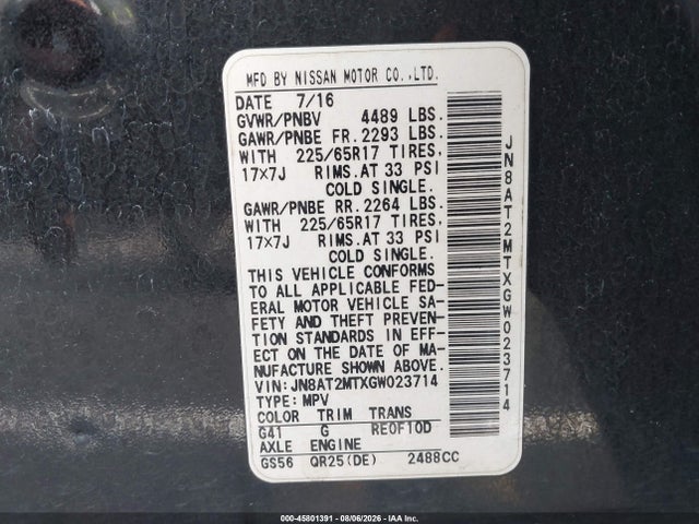 Продаж на аукціоні авто 2016 Nissan Rogue Sv, vin: JN8AT2MTXGW023714, номер лоту: 45801391