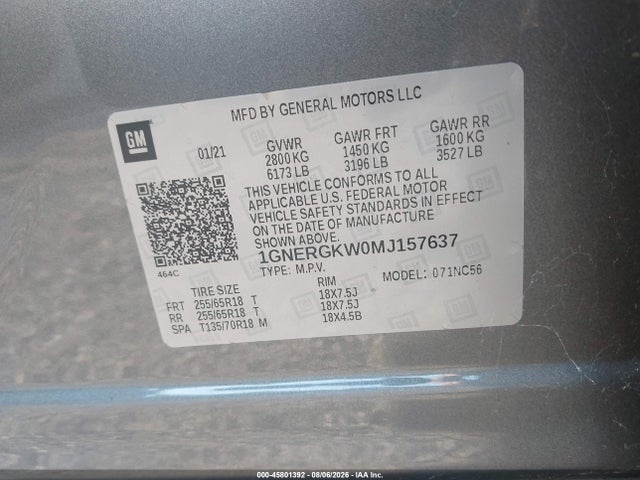 45801392 :رقم المزاد ، 1GNERGKW0MJ157637 vin ، 2021 Chevrolet Traverse Fwd Lt Cloth مزاد بيع