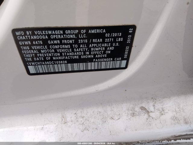 2013 Volkswagen Passat 2.5l Sel მანქანა იყიდება აუქციონზე, vin: 1VWCH7A36DC103626, აუქციონის ნომერი: 45801398