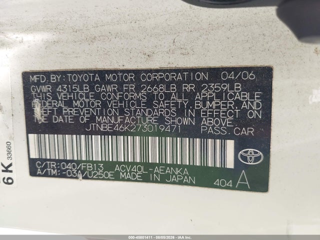 Продаж на аукціоні авто 2007 Toyota Camry Ce/le/se/xle, vin: JTNBE46K273019471, номер лоту: 45801411