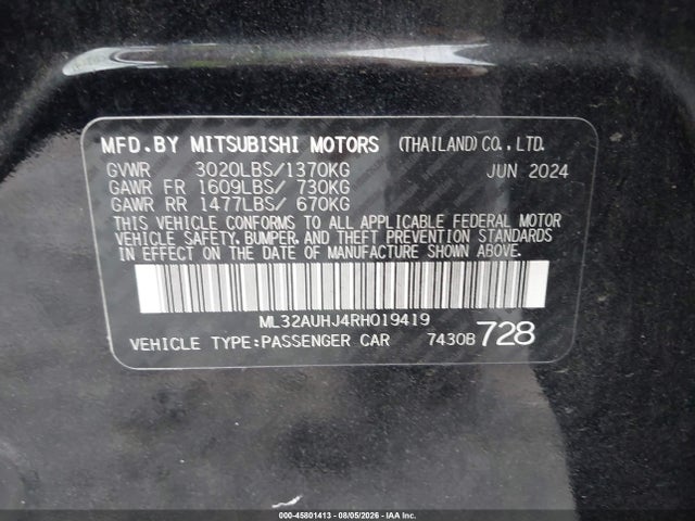 2024 Mitsubishi Mirage Es/le მანქანა იყიდება აუქციონზე, vin: ML32AUHJ4RH019419, აუქციონის ნომერი: 45801413