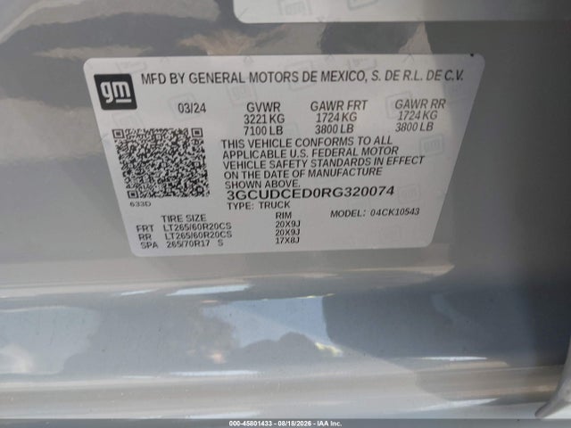 Продажа на аукционе авто 2024 Chevrolet Silverado 1500 4wd  Short Bed Custom Trail Boss, vin: 3GCUDCED0RG320074, номер лота: 45801433