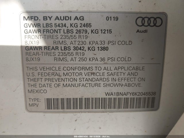 Aukcja sprzedaży 2019 Audi Q5 45 Premium, vin: WA1BNAFY6K2045538, numer aukcji: 45801434