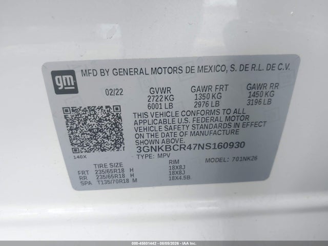3GNKBCR47NS160930 Chevrolet Blazer Fwd 2lt