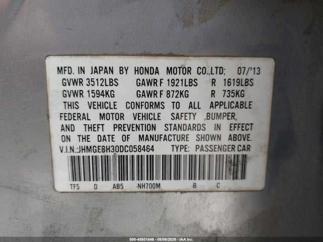 45801446 :رقم المزاد ، JHMGE8H30DC058464 vin ، 2013 Honda Fit مزاد بيع