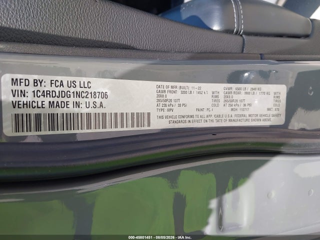 Aukcja sprzedaży 2022 Dodge Durango Gt Awd, vin: 1C4RDJDG1NC218706, numer aukcji: 45801451