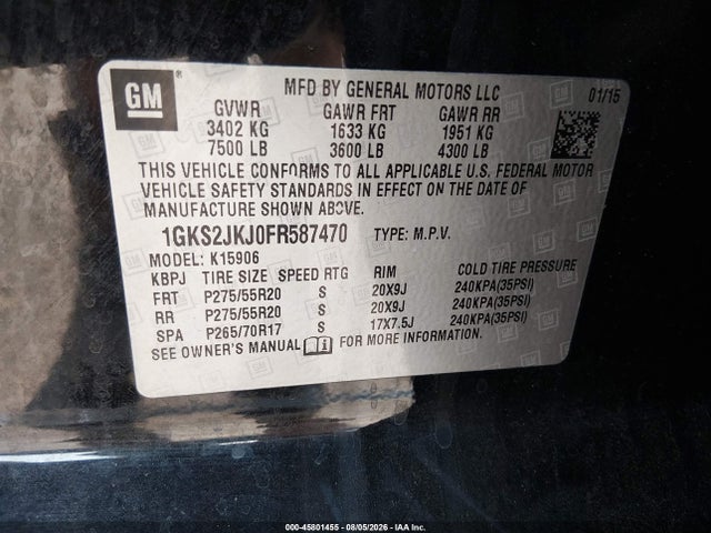 45801455 :رقم المزاد ، 1GKS2JKJ0FR587470 vin ، 2015 Gmc Yukon Xl 1500 Denali مزاد بيع