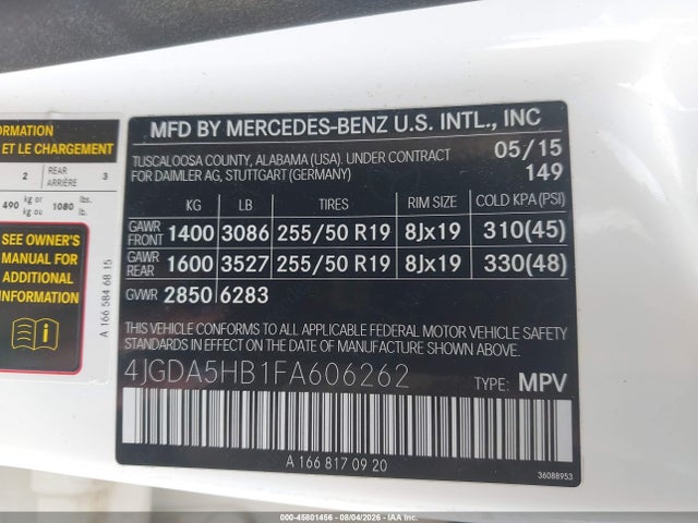 Auction sale of the 2015 Mercedes-benz Ml 350 4matic, vin: 4JGDA5HB1FA606262, lot number: 45801456