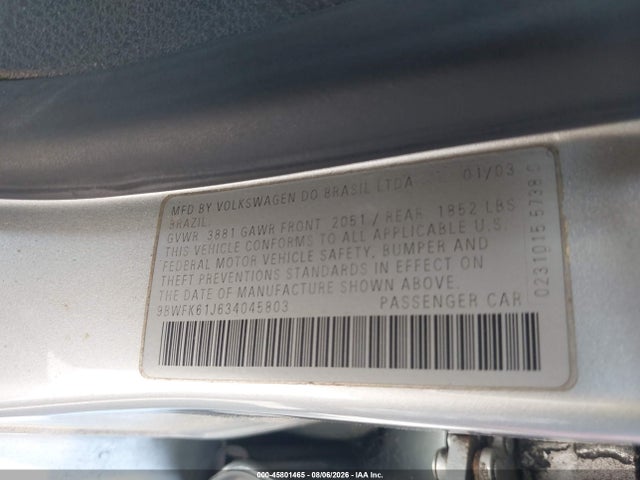 Продажа на аукционе авто 2003 Volkswagen Golf Gl 2.0l, vin: 9BWFK61J634045803, номер лота: 45801465