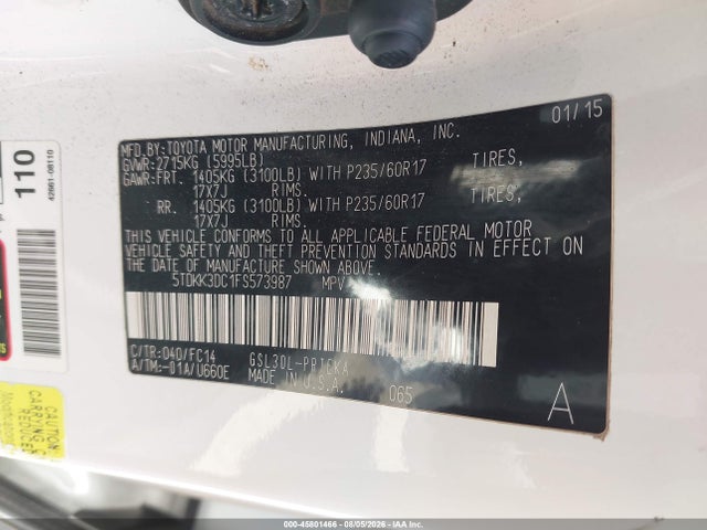 2015 Toyota Sienna Le 8 Passenger მანქანა იყიდება აუქციონზე, vin: 5TDKK3DC1FS573987, აუქციონის ნომერი: 45801466
