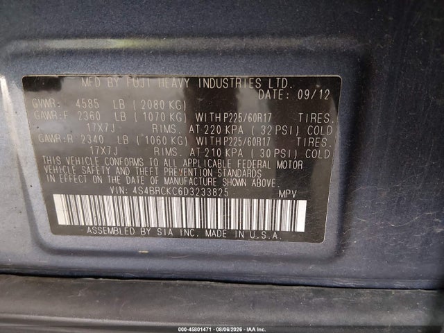 Aukcja sprzedaży 2013 Subaru Outback 2.5i Limited, vin: 4S4BRCKC6D3233825, numer aukcji: 45801471