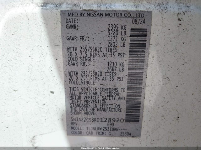 Aukcja sprzedaży 2024 Nissan Murano Sl Intelligent Awd, vin: 5N1AZ2CS8RC128920, numer aukcji: 45801472