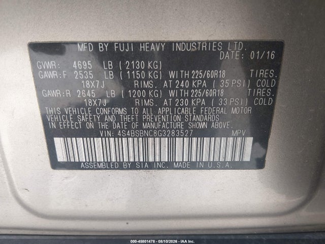 2016 Subaru Outback 2.5i Limited მანქანა იყიდება აუქციონზე, vin: 4S4BSBNC8G3283527, აუქციონის ნომერი: 45801478