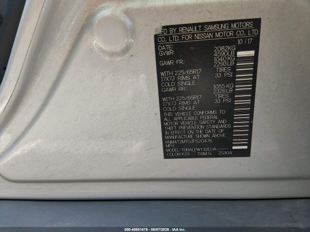 45801479 :رقم المزاد ، KNMAT2MT0JP520476 vin ، 2018 Nissan Rogue S مزاد بيع