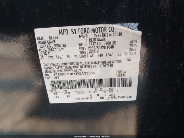 Продажа на аукционе авто 2015 Ford Explorer Xlt, vin: 1FM5K7D8XFGA33365, номер лота: 45801487
