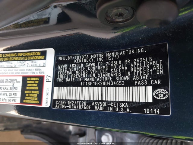 2017 Toyota Camry Se მანქანა იყიდება აუქციონზე, vin: 4T1BF1FK2HU434653, აუქციონის ნომერი: 45801489