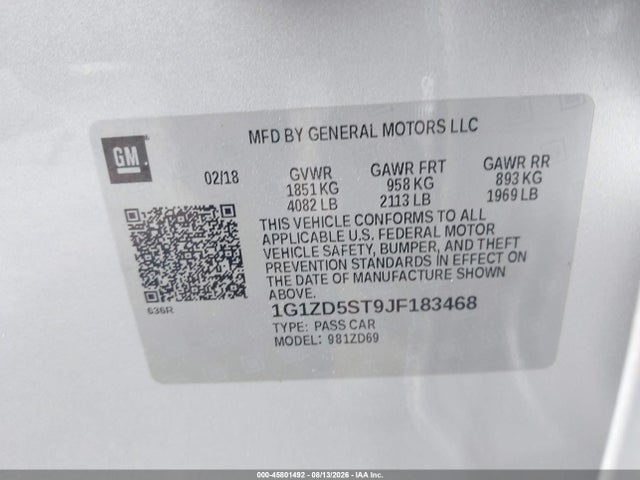 45801492 :رقم المزاد ، 1G1ZD5ST9JF183468 vin ، 2018 Chevrolet Malibu Lt مزاد بيع