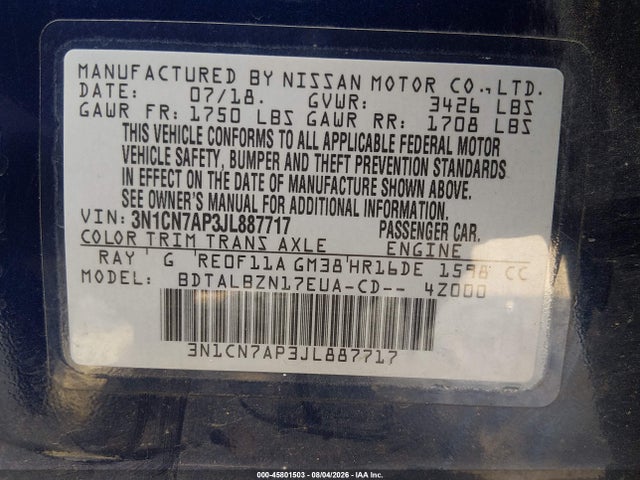 Nissan Versa 1.6 Sv 2018 3N1CN7AP3JL887717 Image 9