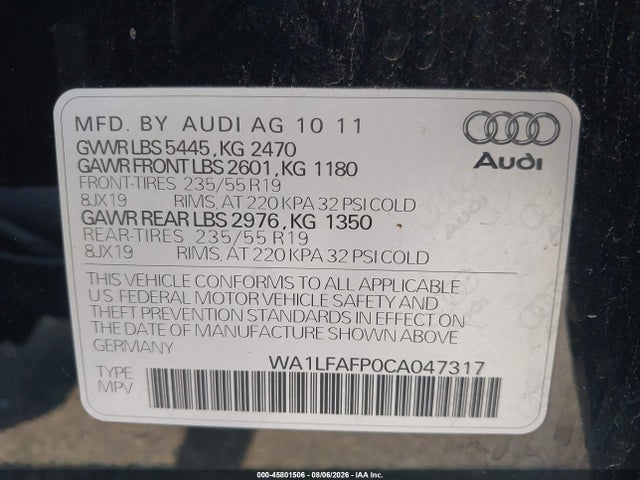 45801506 :رقم المزاد ، WA1LFAFP0CA047317 vin ، 2012 Audi Q5 2.0t Premium مزاد بيع