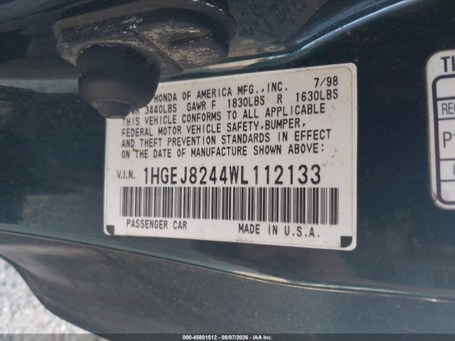Продаж на аукціоні авто 1998 Honda Civic Ex, vin: 1HGEJ8244WL112133, номер лоту: 45801512