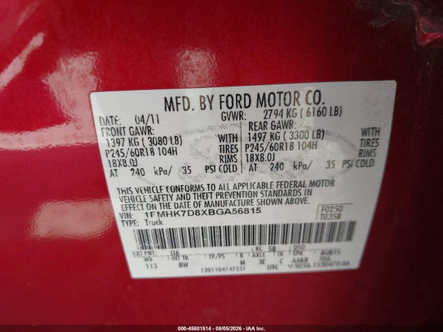 2011 Ford Explorer Xlt მანქანა იყიდება აუქციონზე, vin: 1FMHK7D8XBGA56815, აუქციონის ნომერი: 45801514