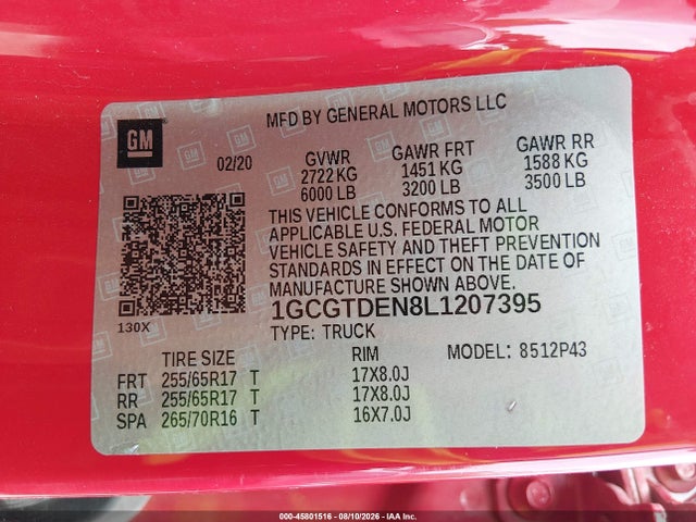 45801516 :رقم المزاد ، 1GCGTDEN8L1207395 vin ، 2020 Chevrolet Colorado 4wd  Short Box Z71 مزاد بيع