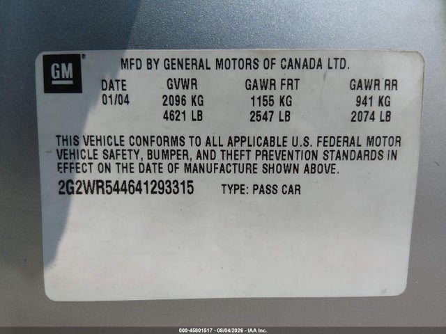 2004 Pontiac Grand Prix Gtp მანქანა იყიდება აუქციონზე, vin: 2G2WR544641293315, აუქციონის ნომერი: 45801517