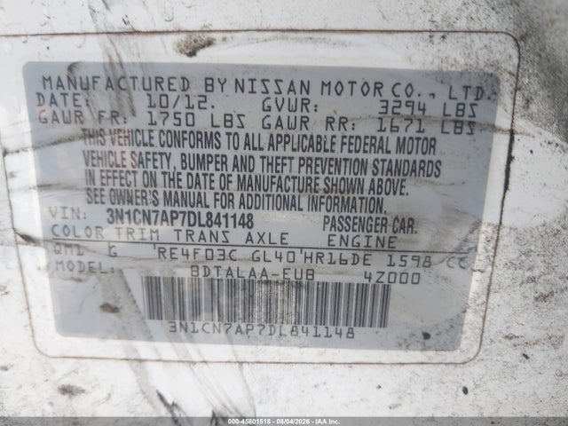 Продажа на аукционе авто 2013 Nissan Versa 1.6 S, vin: 3N1CN7AP7DL841148, номер лота: 45801518