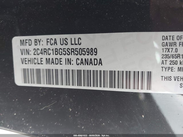 2025 Chrysler Pacifica Select მანქანა იყიდება აუქციონზე, vin: 2C4RC1BG5SR505989, აუქციონის ნომერი: 45801522
