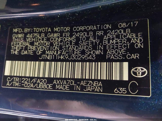 Продажа на аукционе авто 2018 Toyota Camry Le, vin: JTNB11HK9J3029543, номер лота: 45801545