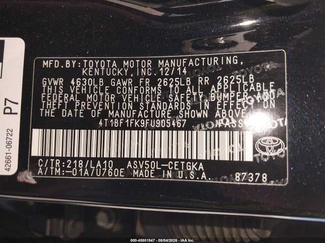 4T1BF1FK9FU905467 Toyota Camry Le/xle/se/xse