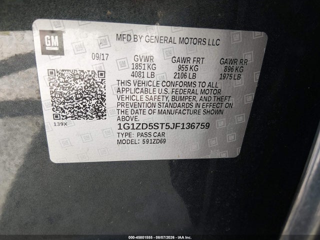 45801555 :رقم المزاد ، 1G1ZD5ST5JF136759 vin ، 2018 Chevrolet Malibu Lt مزاد بيع