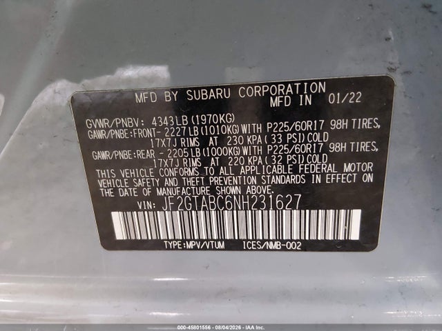 45801556 :رقم المزاد ، JF2GTABC6NH231627 vin ، 2022 Subaru Crosstrek مزاد بيع