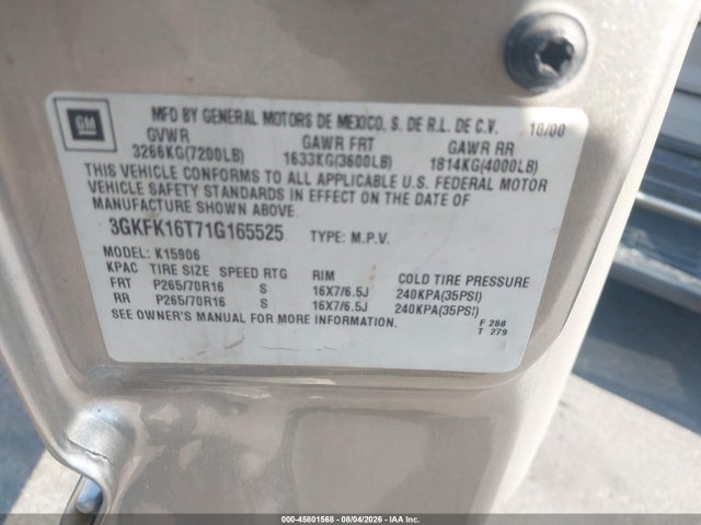 45801568 :رقم المزاد ، 3GKFK16T71G165525 vin ، 2001 Gmc Yukon Xl 1500 Slt مزاد بيع