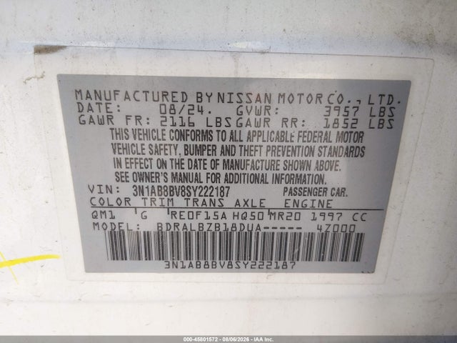 2025 Nissan Sentra S მანქანა იყიდება აუქციონზე, vin: 3N1AB8BV8SY222187, აუქციონის ნომერი: 45801572