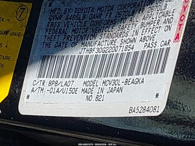 Продаж на аукціоні авто 2002 Lexus Es 300, vin: JTHBF30G220071854, номер лоту: 45801578