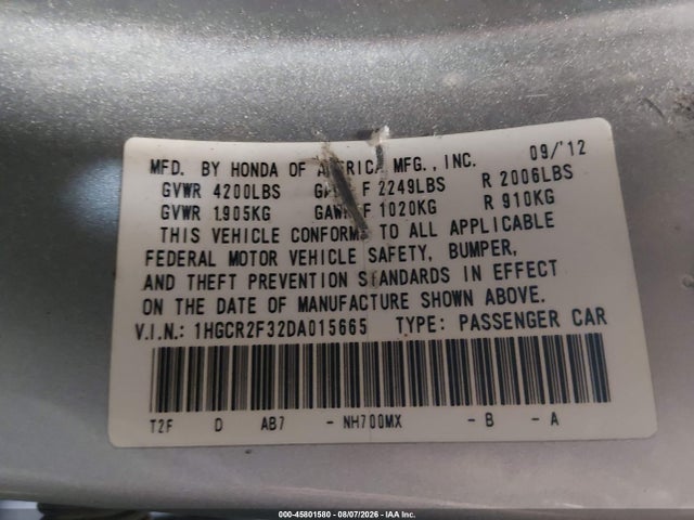 45801580 :رقم المزاد ، 1HGCR2F32DA015665 vin ، 2013 Honda Accord Lx مزاد بيع