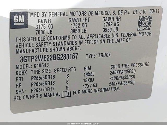Aukcja sprzedaży 2011 Gmc Sierra 1500 Slt, vin: 3GTP2WE22BG280167, numer aukcji: 45801589