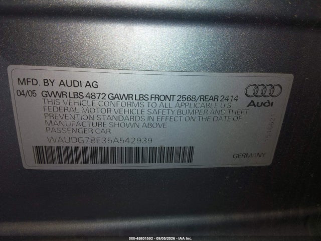 45801592 :رقم المزاد ، WAUDG78E35A542939 vin ، 2005 Audi A4 3.2 مزاد بيع