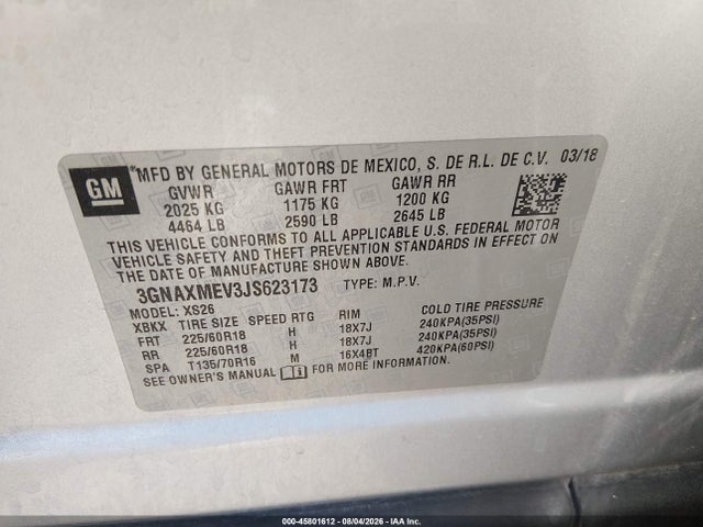 Aukcja sprzedaży 2018 Chevrolet Equinox Premier, vin: 3GNAXMEV3JS623173, numer aukcji: 45801612