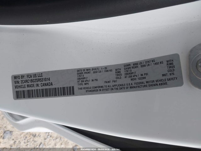 2025 Chrysler Pacifica Select მანქანა იყიდება აუქციონზე, vin: 2C4RC1BG2SR531014, აუქციონის ნომერი: 45801624