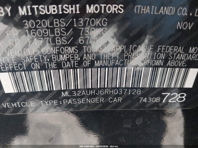 Aukcja sprzedaży 2024 Mitsubishi Mirage Es/le, vin: ML32AUHJ6RH037128, numer aukcji: 45801641