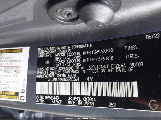 45801643 :رقم المزاد ، JTJAM7BX8N5335364 vin ، 2022 Lexus Gx 460 Premium مزاد بيع