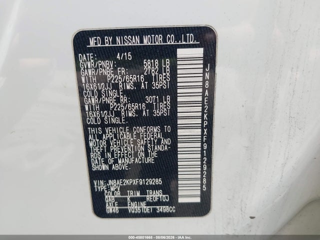 45801668 :رقم المزاد ، JN8AE2KPXF9129285 vin ، 2015 Nissan Quest S مزاد بيع