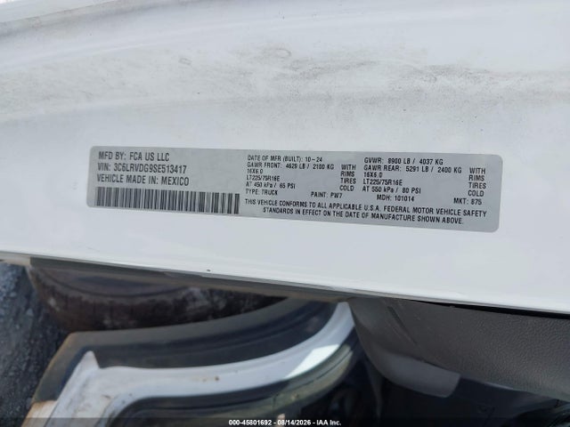 45801692 :رقم المزاد ، 3C6LRVDG9SE513417 vin ، 2025 Ram Promaster 2500 Tradesman High Roof 159 Wb W/pass Seat مزاد بيع