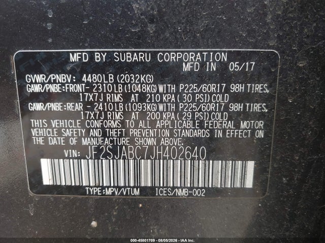 Продаж на аукціоні авто 2018 Subaru Forester 2.5i, vin: JF2SJABC7JH402640, номер лоту: 45801709