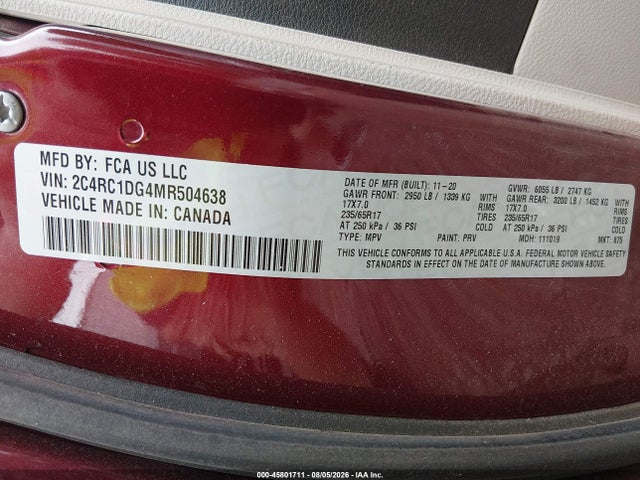 2021 Chrysler Voyager Lxi მანქანა იყიდება აუქციონზე, vin: 2C4RC1DG4MR504638, აუქციონის ნომერი: 45801711
